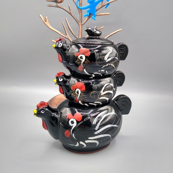 Stacking Redware Chicken Teapot Set Cream Sugar